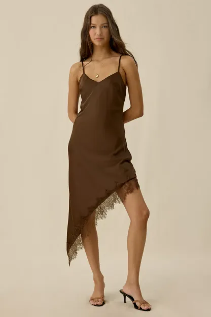 Kiss The Sky Jazmin Asymmetric Lace Trim Slip Midi Dress - Chocolate