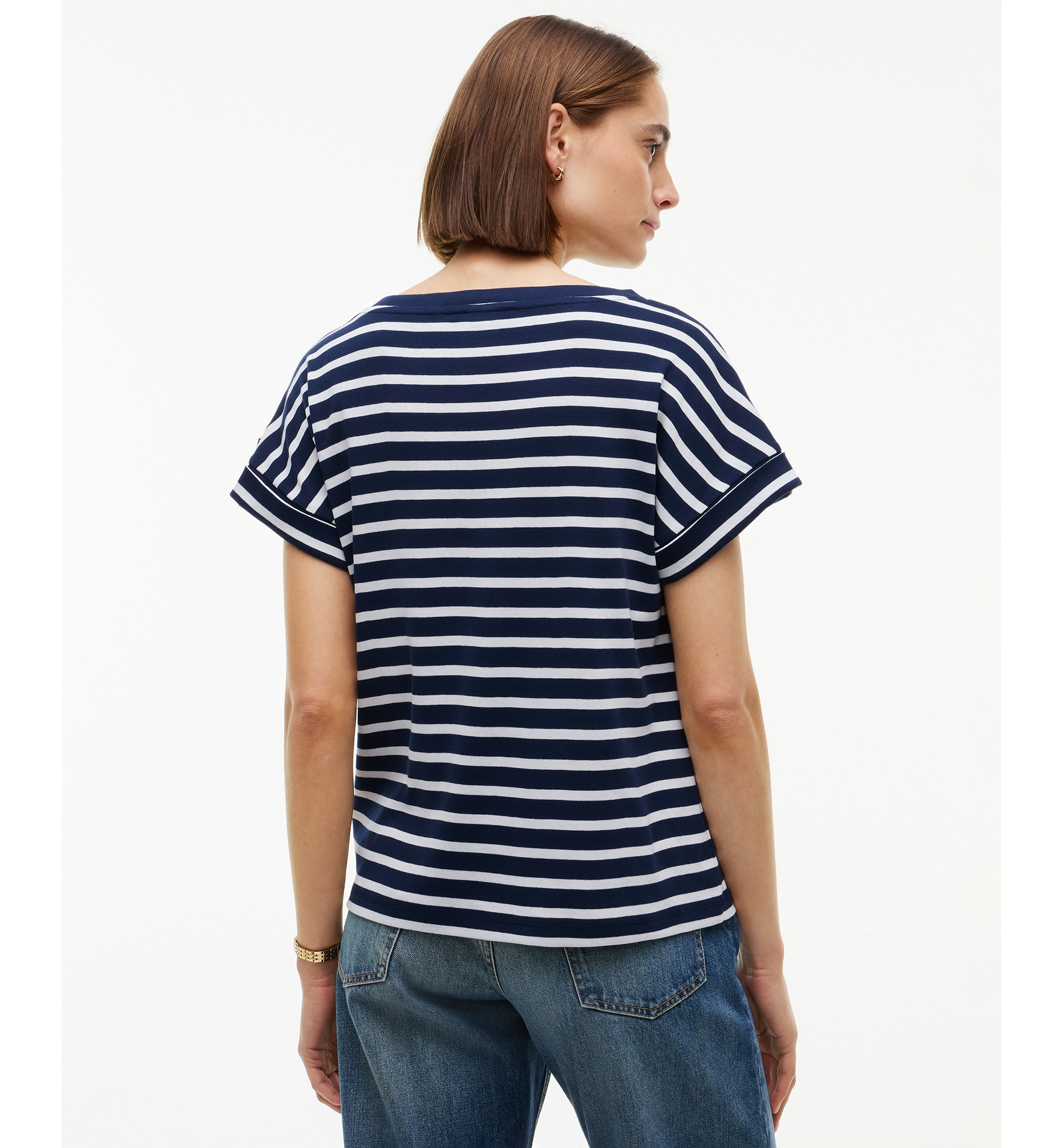 Tommy Hilfiger Women's Breton-Stripe Boat-Neck Gold-Tone Button T-Shirt - Breton Stp Dark Blue Ecru