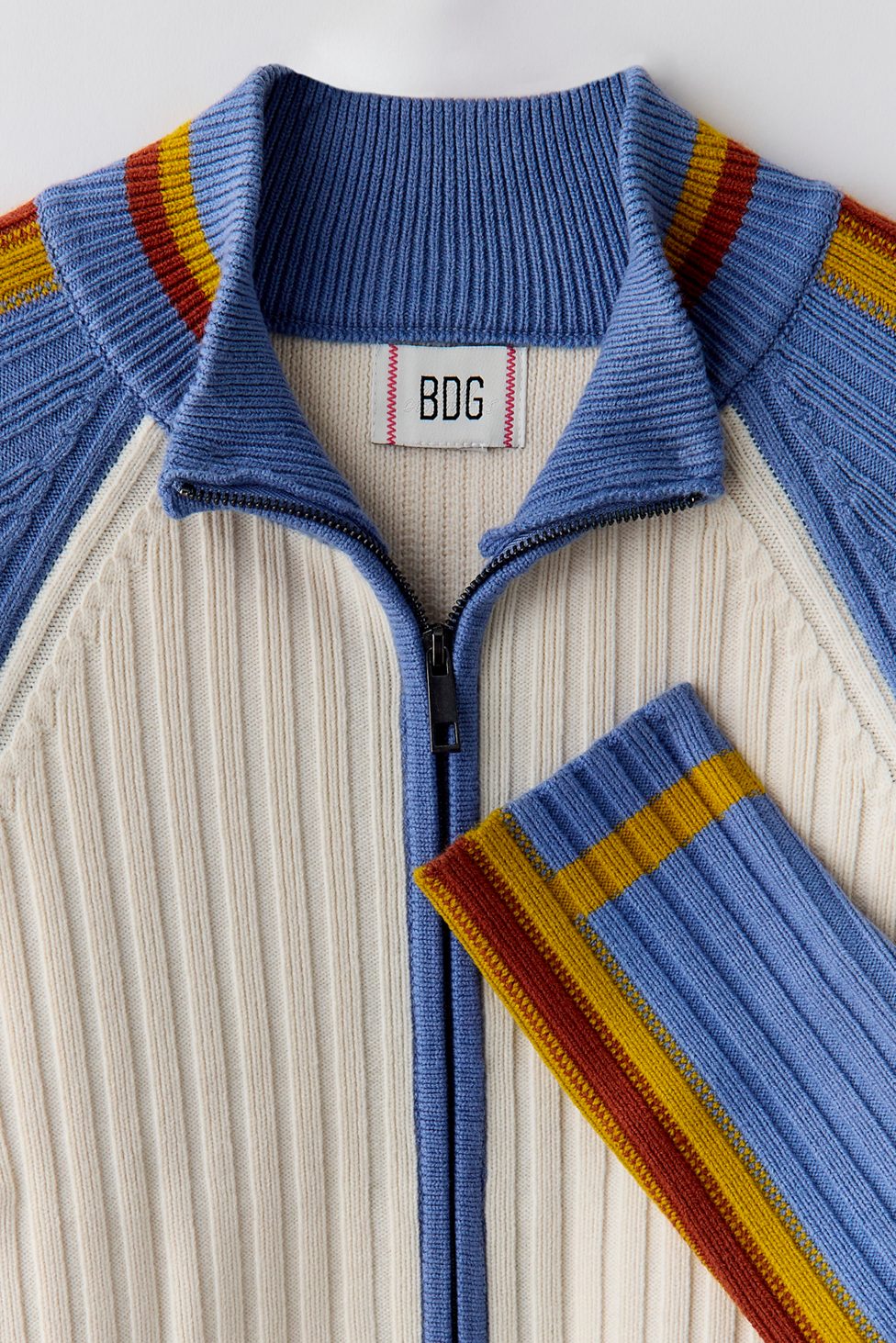 BDG Ruby Ribbed Knit Mockneck Zip-Up Cardigan - Orange Multi