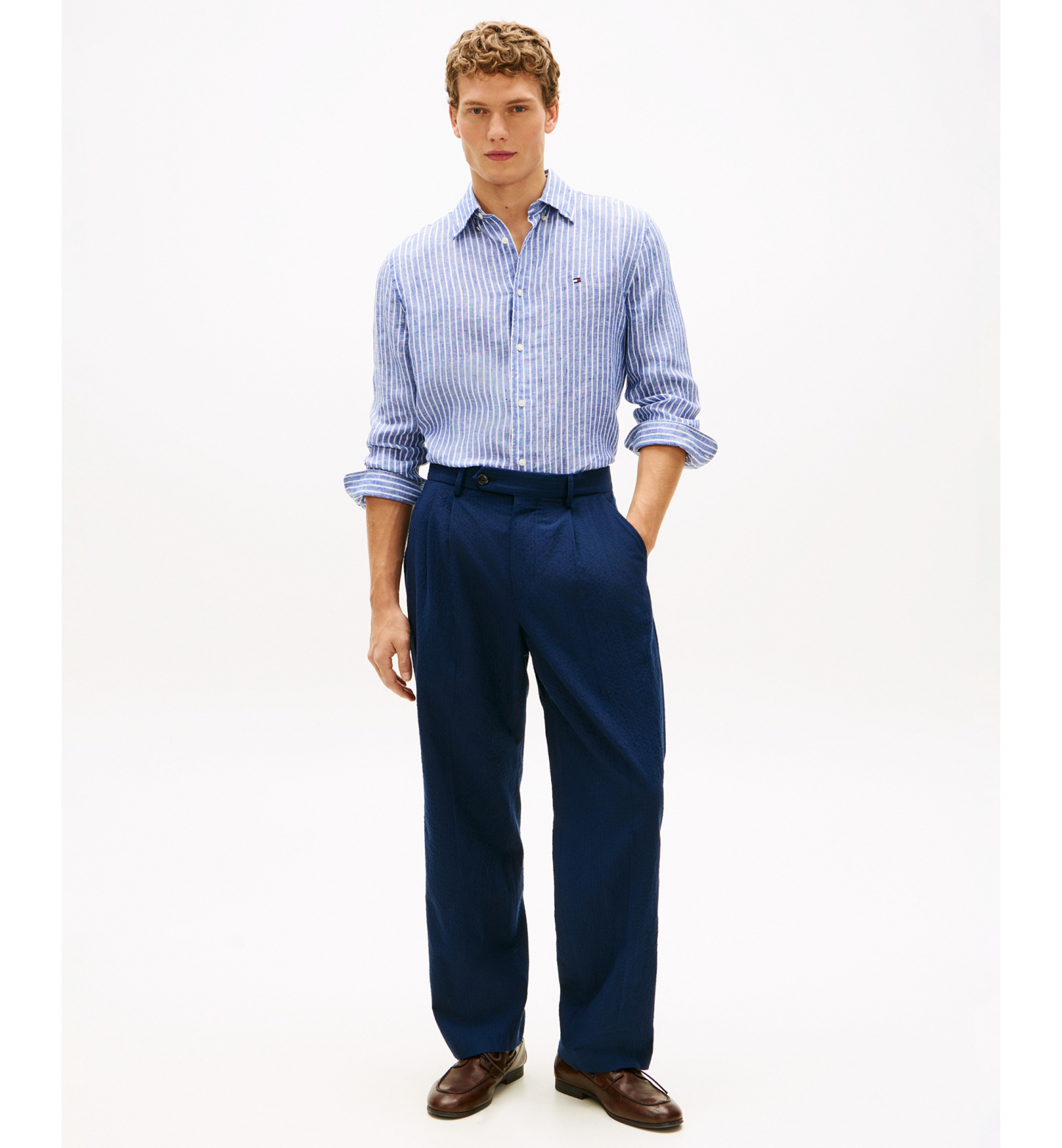Tommy Hilfiger Men's 100% Linen Bengal Stripe Shirt - Wedge Blue
