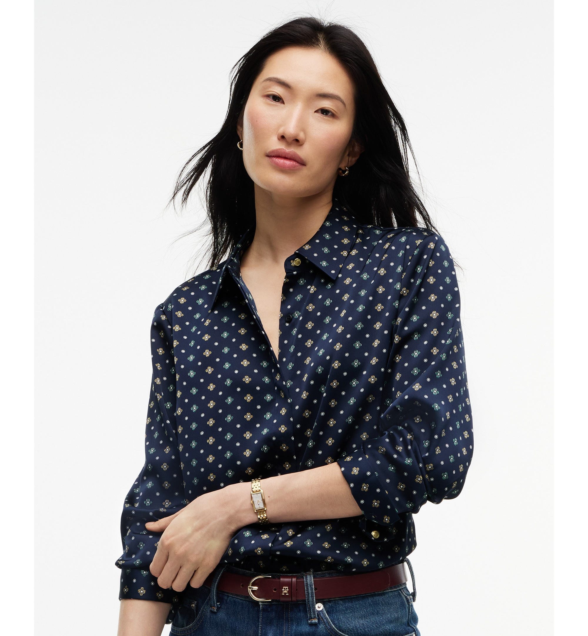 Tommy Hilfiger Women's Fluid Floral-Print Long-Sleeve Blouse - Degrade Foulard Dark Blue