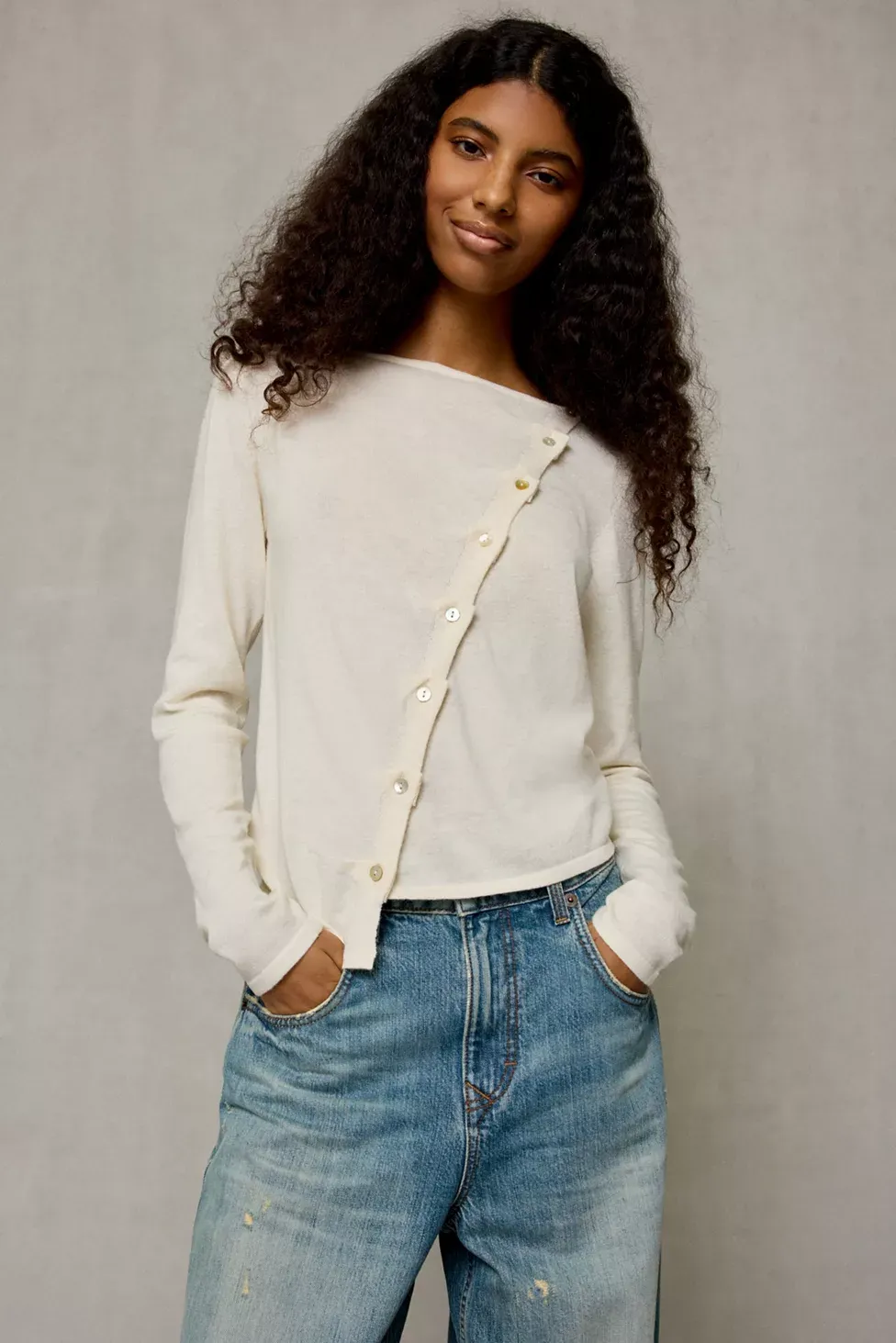BDG Sutton Slanted Asymmetric Button Cardigan - Ivory