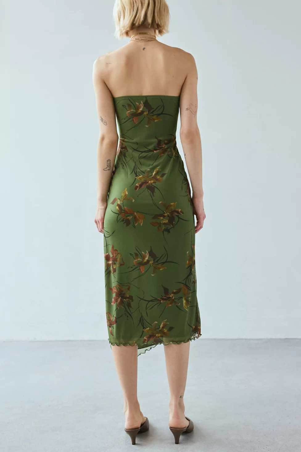 UO Samara Mesh Strapless Midi Dress - Floral Multi