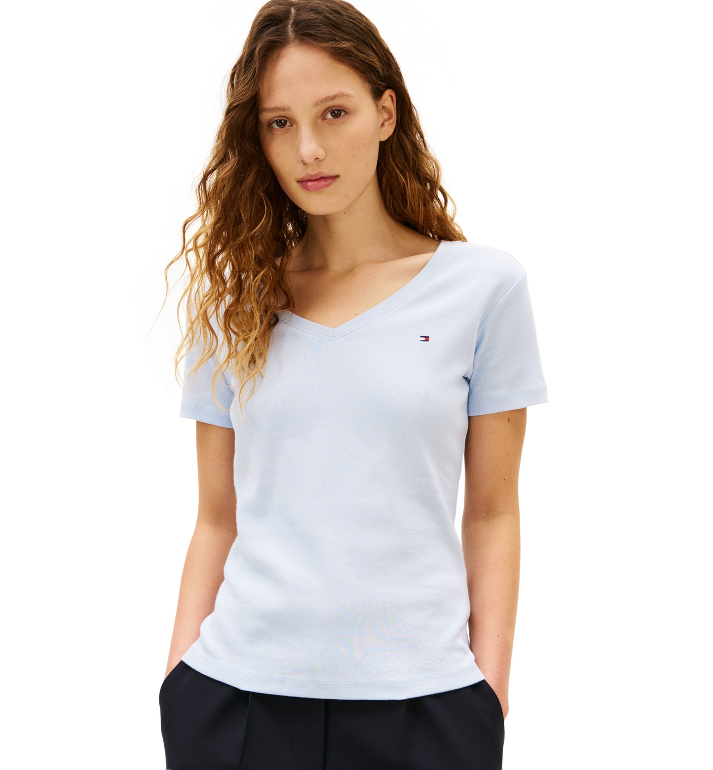 Tommy Hilfiger Women's Rib Slim V-Neck Short-Sleeve T-Shirt - Black