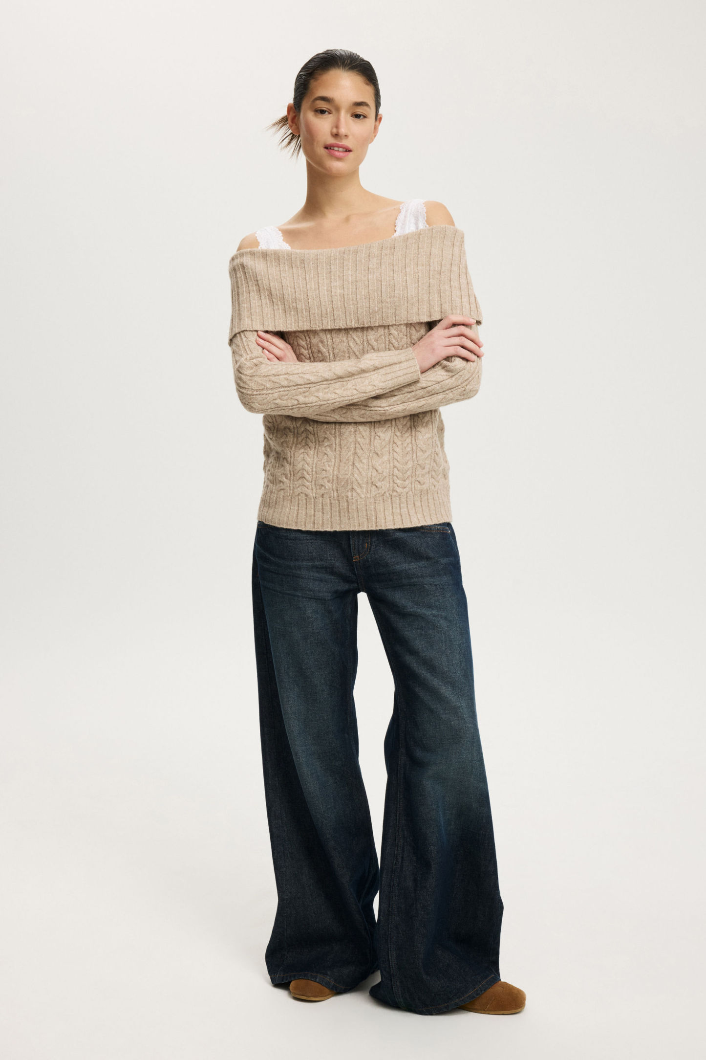Fluffy Cable Off Shoulder Knit, OATMEAL MARLE - example image 2