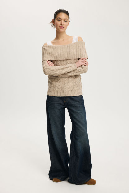 Fluffy Cable Off Shoulder Knit, OATMEAL MARLE - example image 2