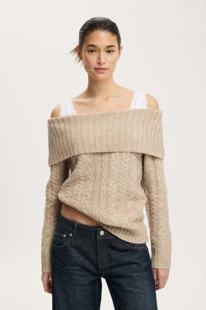 Fluffy Cable Off Shoulder Knit, OATMEAL MARLE - example image 1