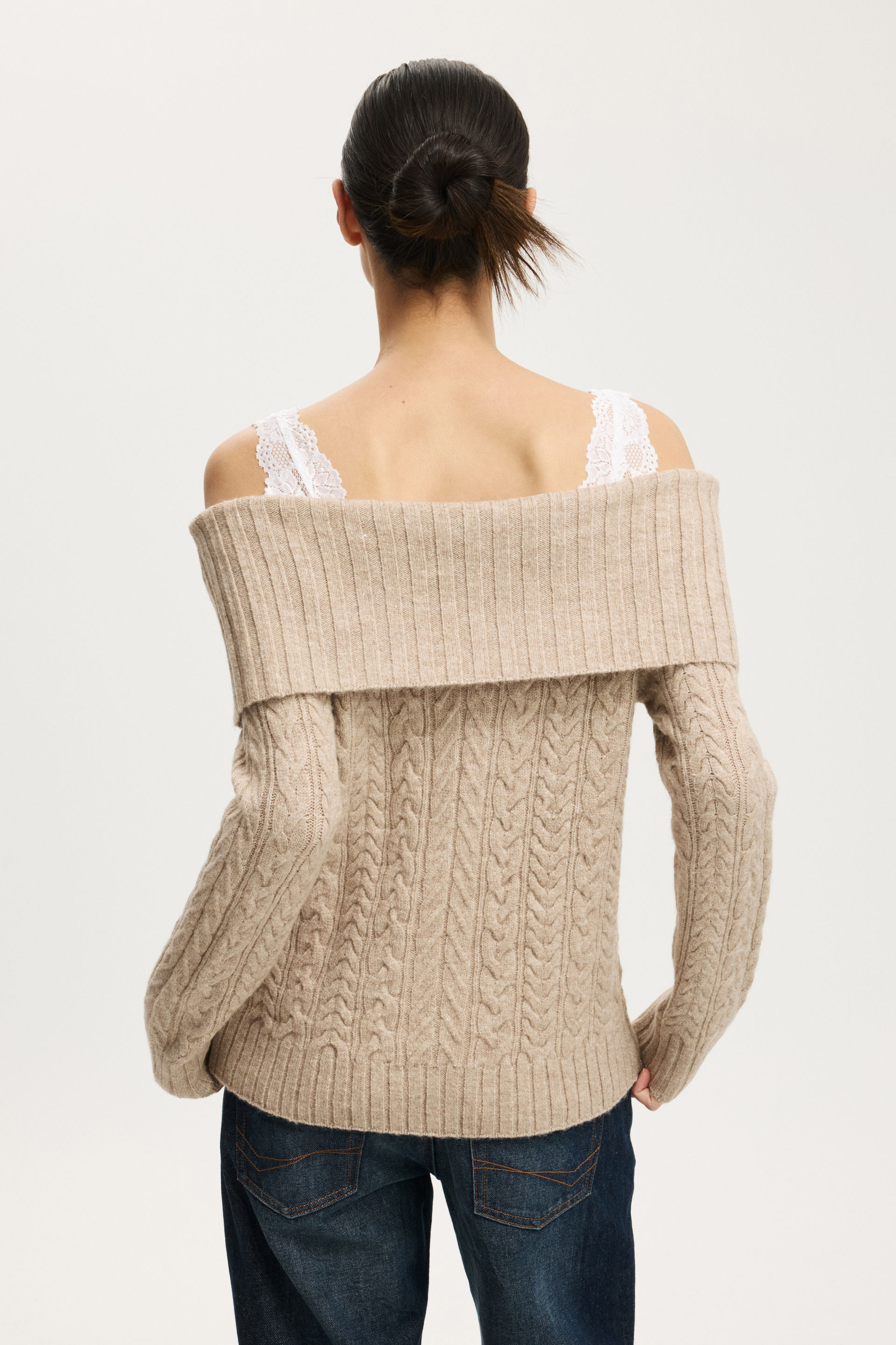 Fluffy Cable Off Shoulder Knit, OATMEAL MARLE - example image 3