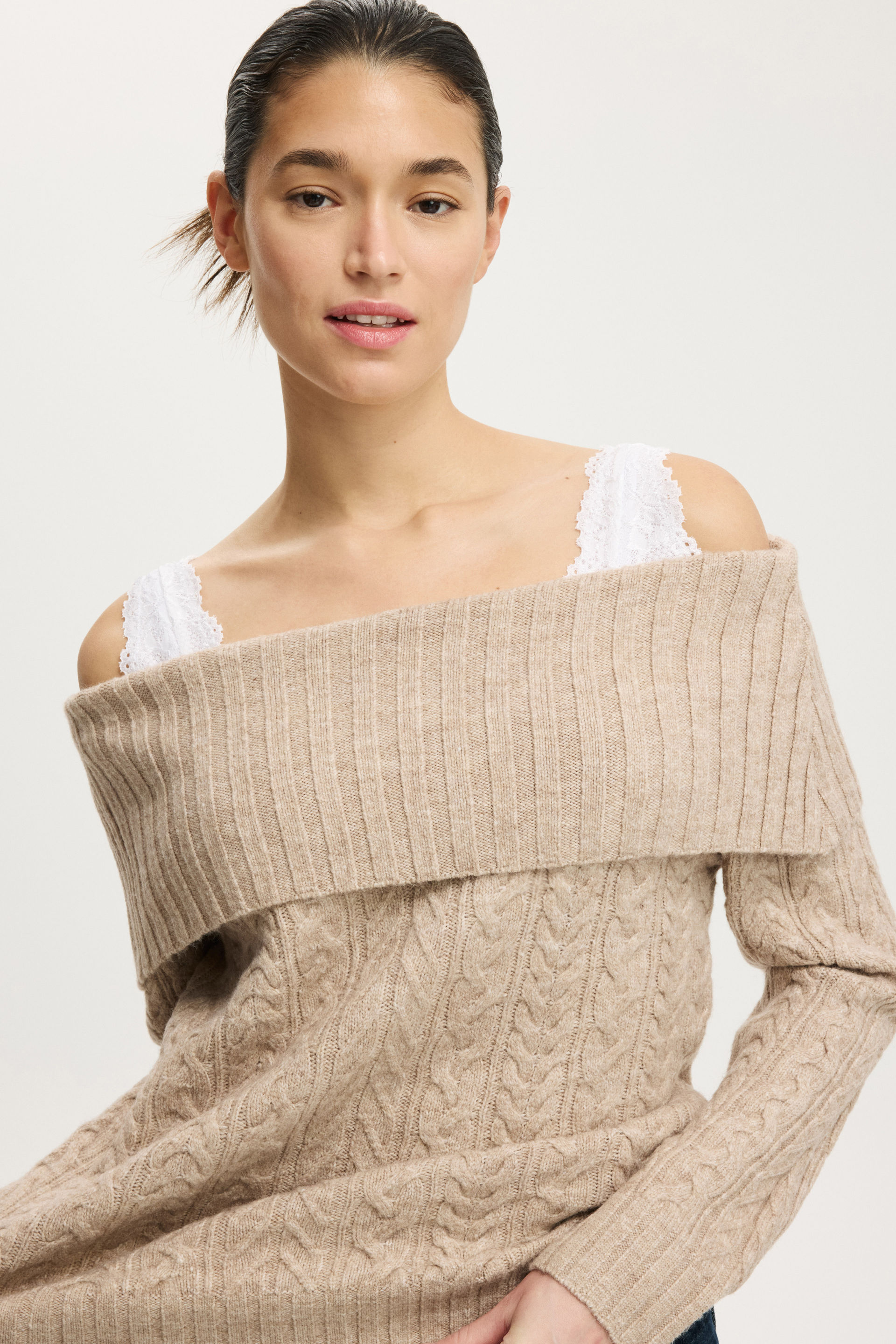 Fluffy Cable Off Shoulder Knit, OATMEAL MARLE - example image 4