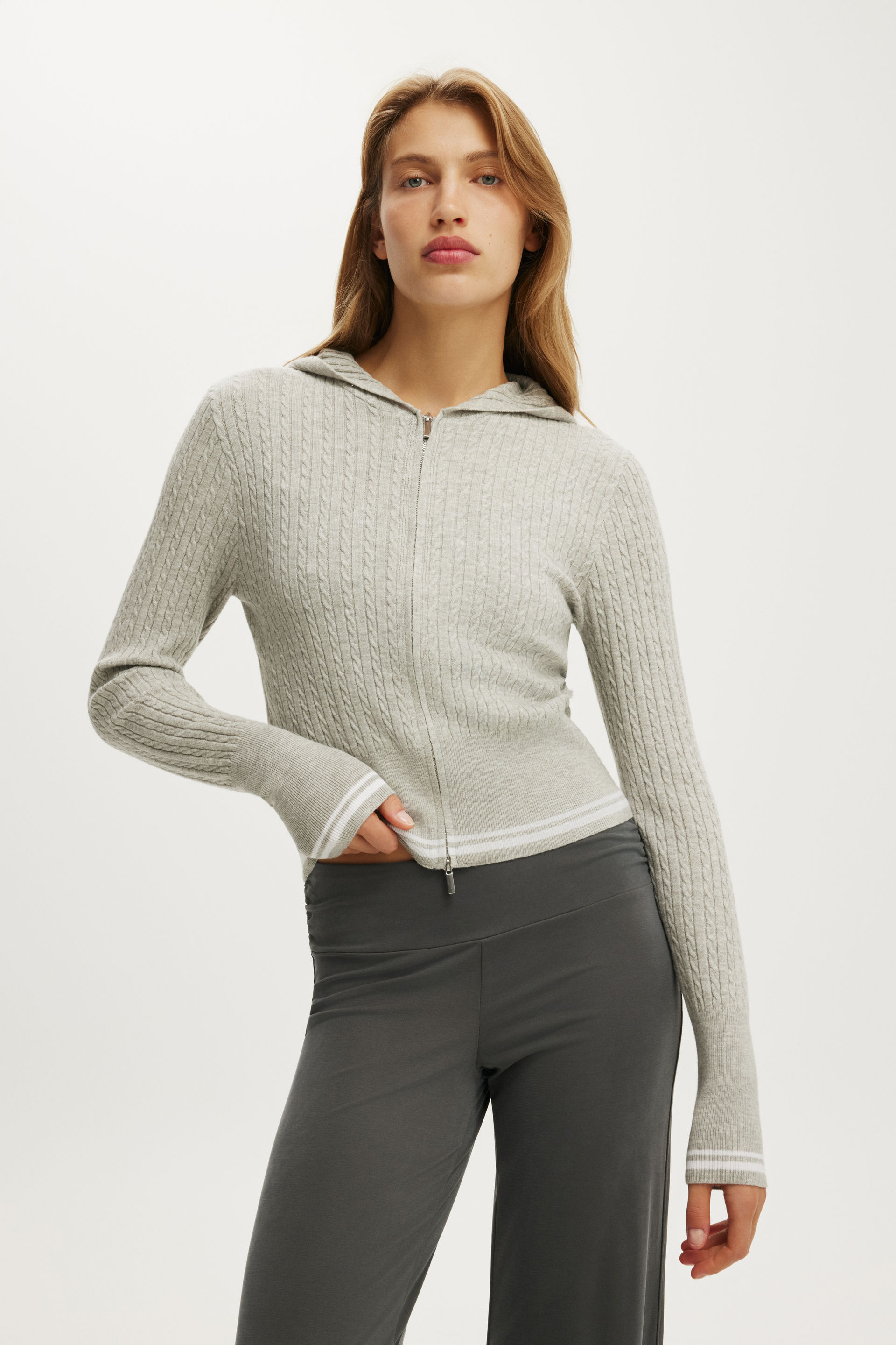Everfine Hooded Knit, GREY MARLE/WHITE TIPPING - example image 2