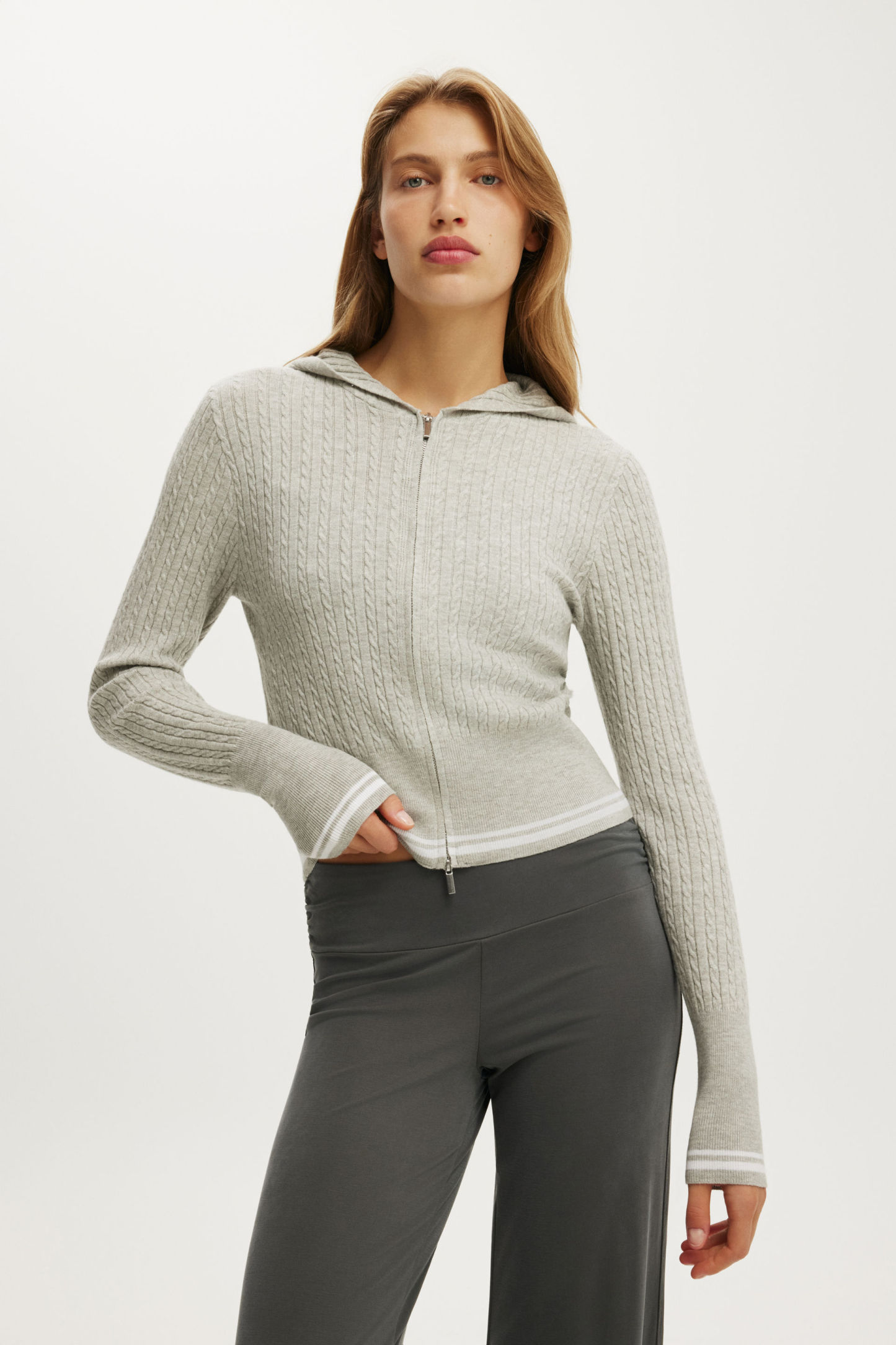 Everfine Hooded Knit, GREY MARLE/WHITE TIPPING - example image 2
