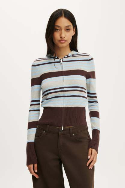 Everfine Hooded Knit, DARK OAK BLUE STRIPE - example image 1