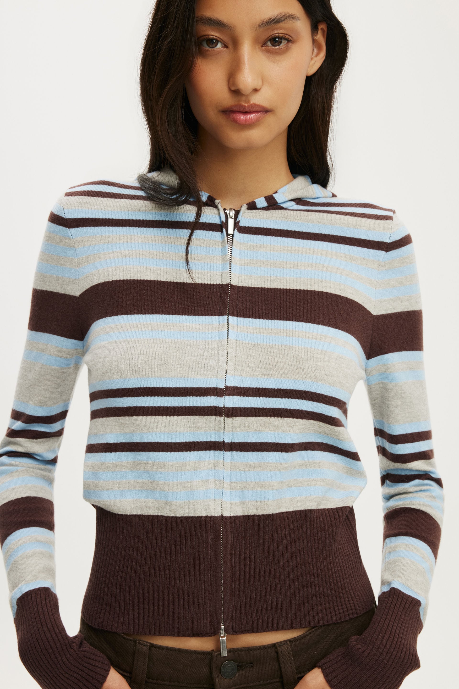 Everfine Hooded Knit, DARK OAK BLUE STRIPE - example image 4