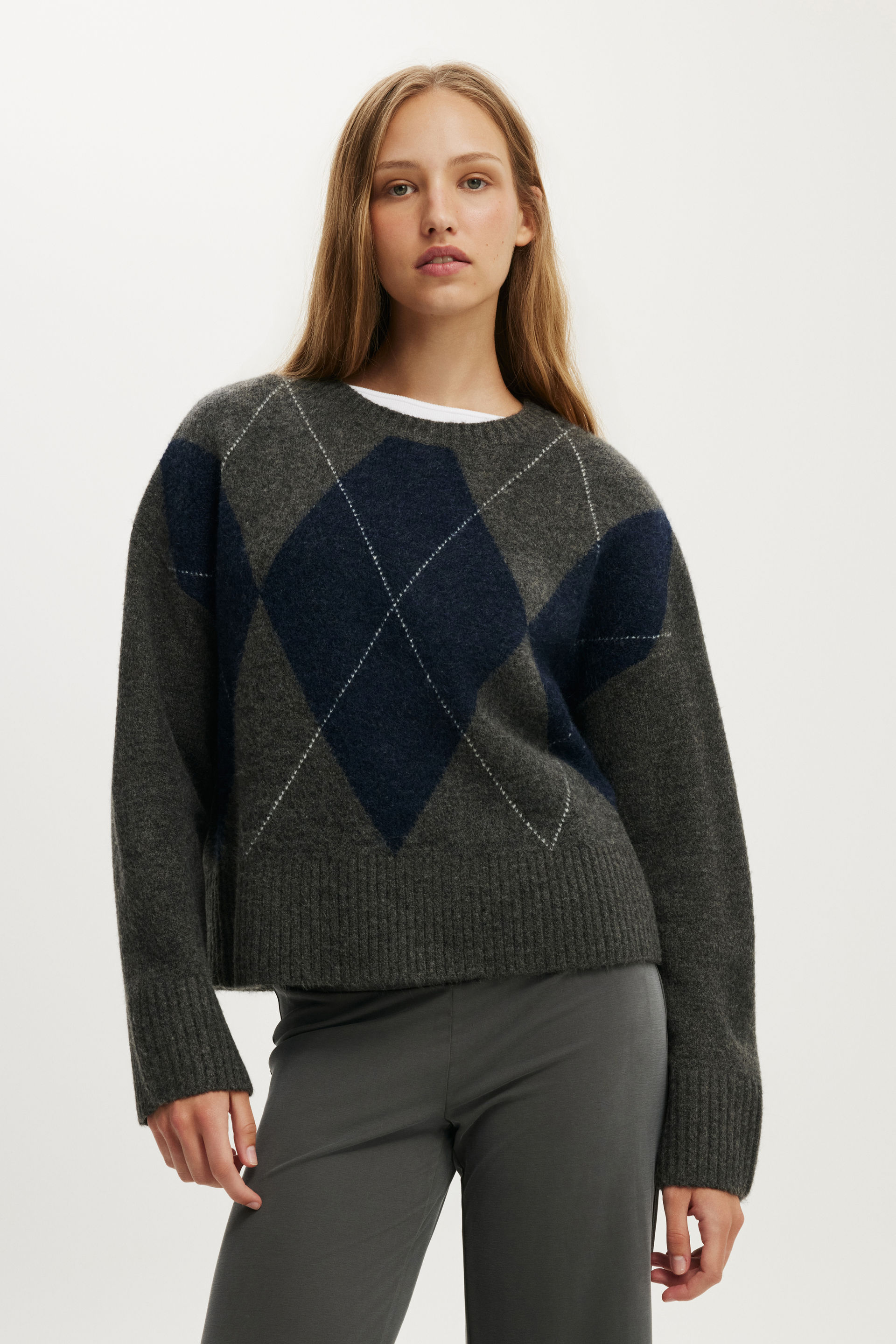 Luxe Crew Neck Sweater, LUXE CHARCOAL ARGYLE - example image 2