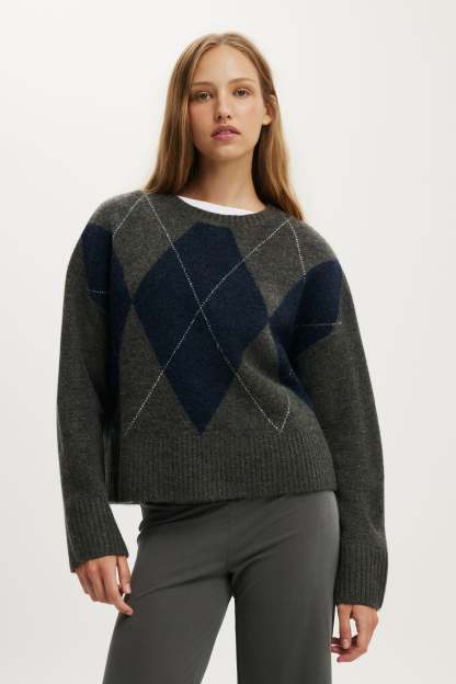 Luxe Crew Neck Sweater, LUXE CHARCOAL ARGYLE - example image 1
