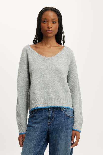 Softest Luxe Slouchy V Knit, GREY MARLE TIPPING - example image 1