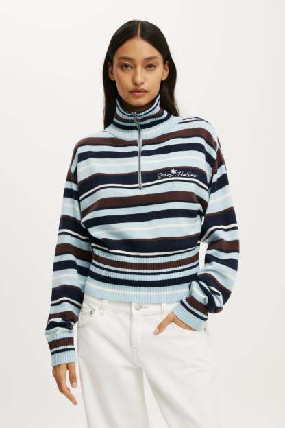 Gilmore Girls 1/4 Zip Knit, LCN WB BLUE/OAK STRIPE - example image 1