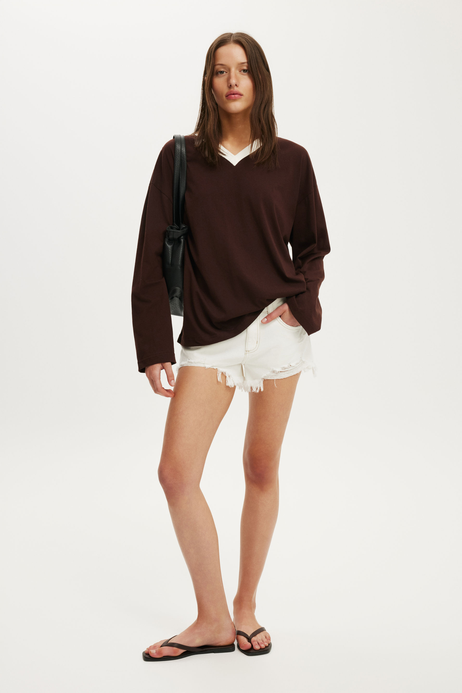 Boxy V Neck Long Sleeve Top, DARK OAK/VINTAGE WHITE BIND - example image 2