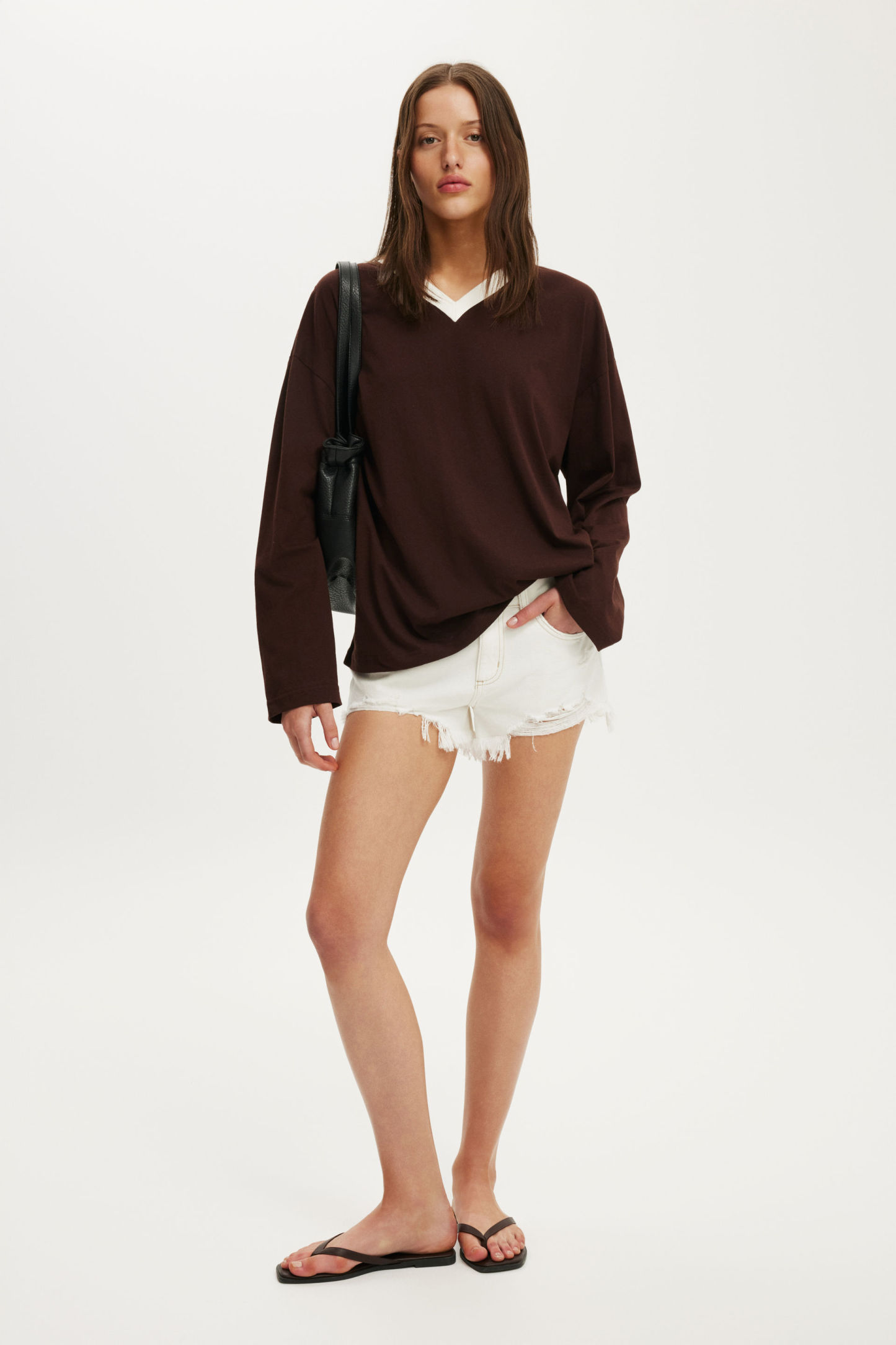 Boxy V Neck Long Sleeve Top, DARK OAK/VINTAGE WHITE BIND - example image 2