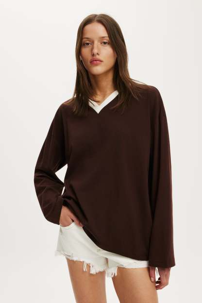 Boxy V Neck Long Sleeve Top, DARK OAK/VINTAGE WHITE BIND - example image 1