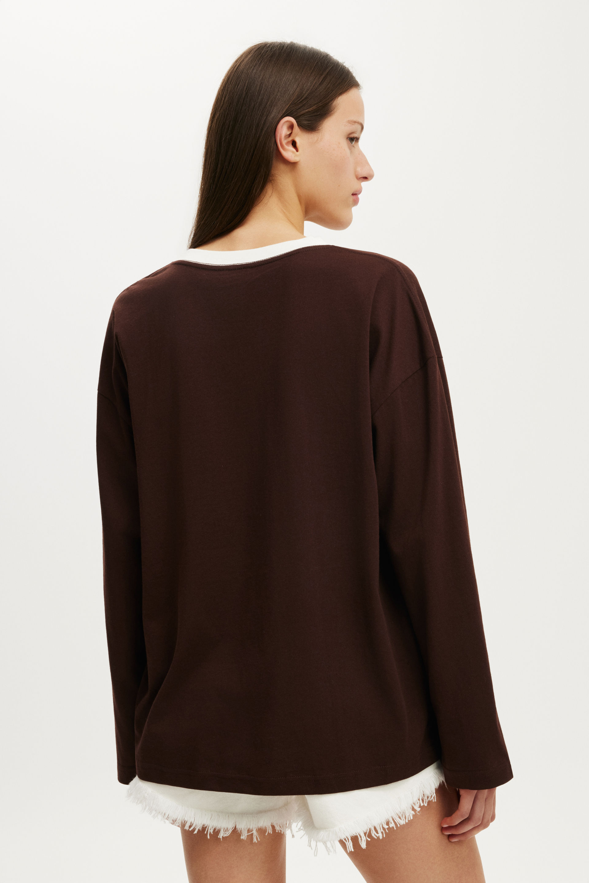 Boxy V Neck Long Sleeve Top, DARK OAK/VINTAGE WHITE BIND - example image 3