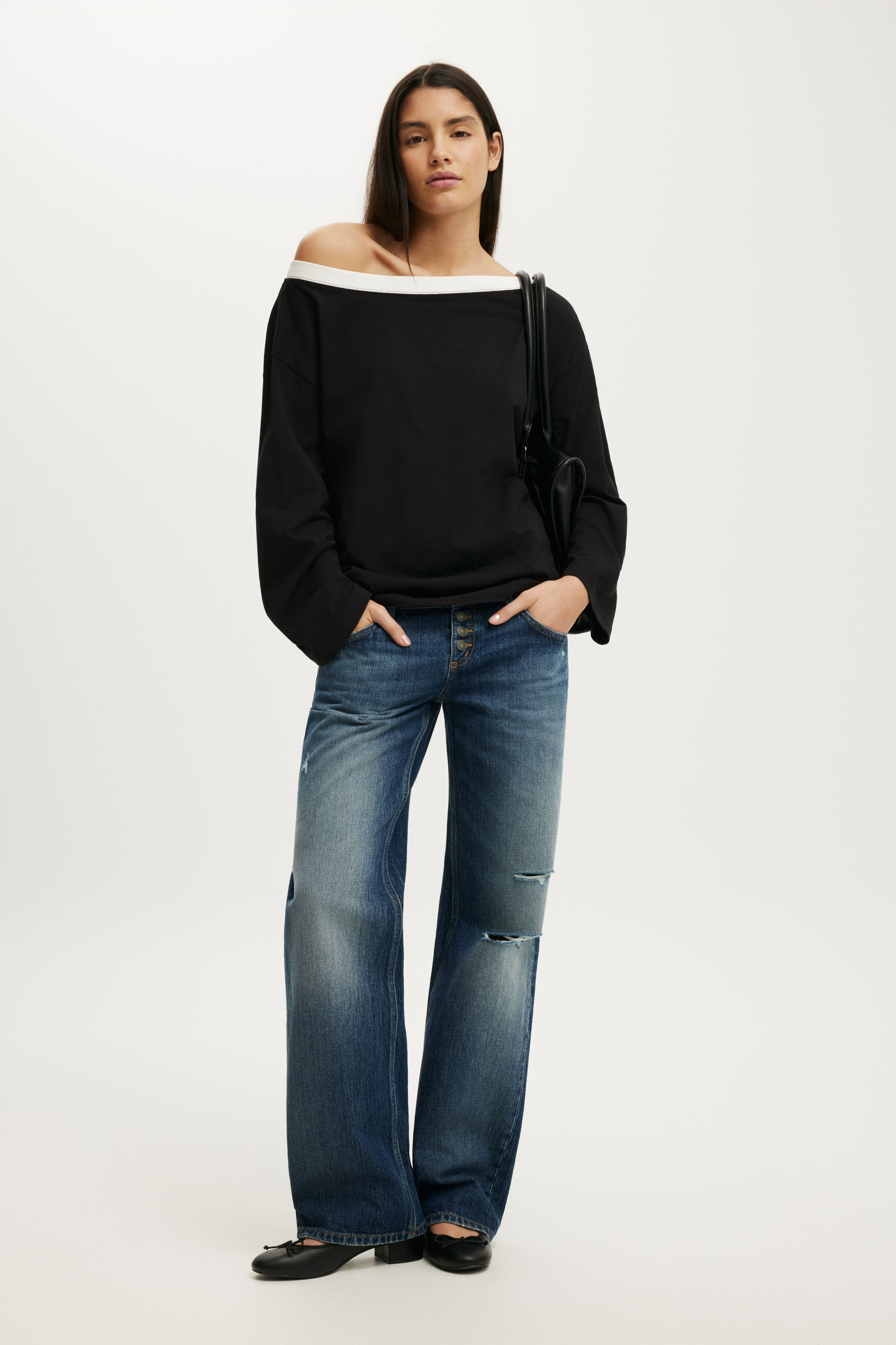 Boxy Off Shoulder Long Sleeve, BLACK/VINTAGE WHITE BAND - example image 2