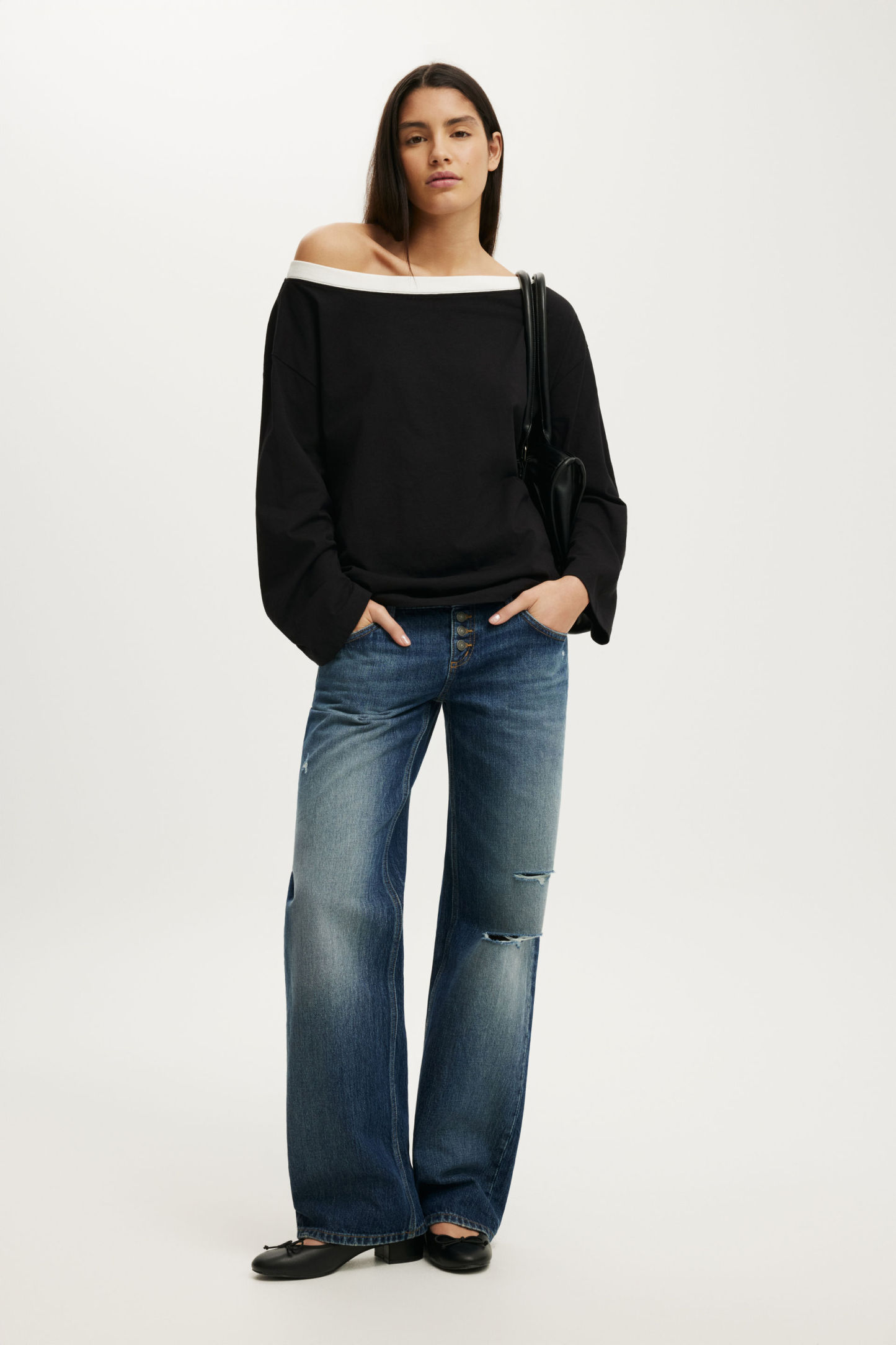 Boxy Off Shoulder Long Sleeve, BLACK/VINTAGE WHITE BAND - example image 2