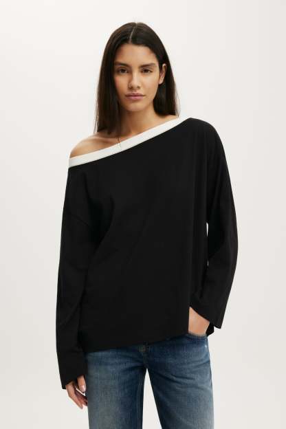 Boxy Off Shoulder Long Sleeve, BLACK/VINTAGE WHITE BAND - example image 1