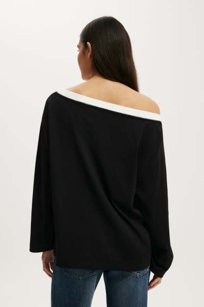 Boxy Off Shoulder Long Sleeve, BLACK/VINTAGE WHITE BAND - example image 3
