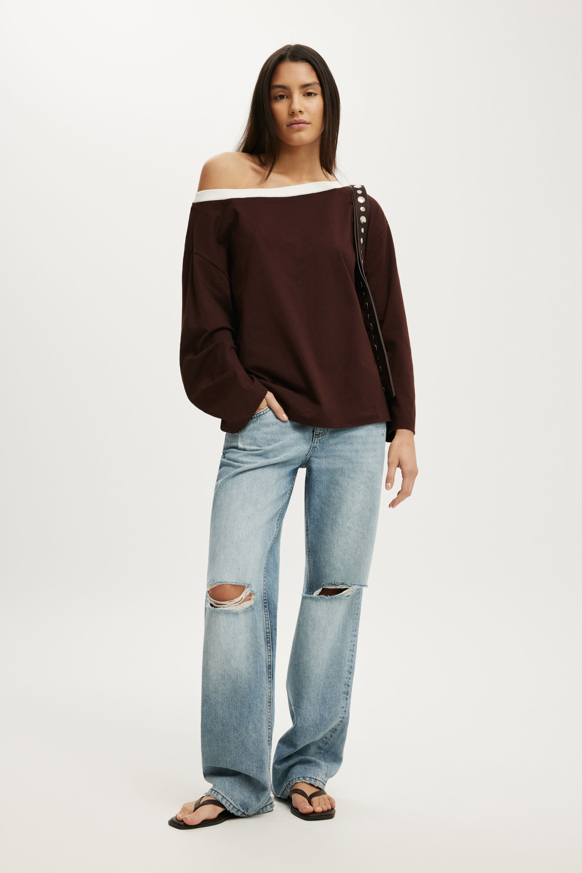 Boxy Off Shoulder Long Sleeve, DARK OAK/VINTAGE WHITE BAND - example image 2
