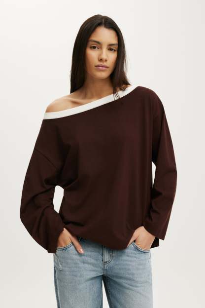Boxy Off Shoulder Long Sleeve, DARK OAK/VINTAGE WHITE BAND - example image 1