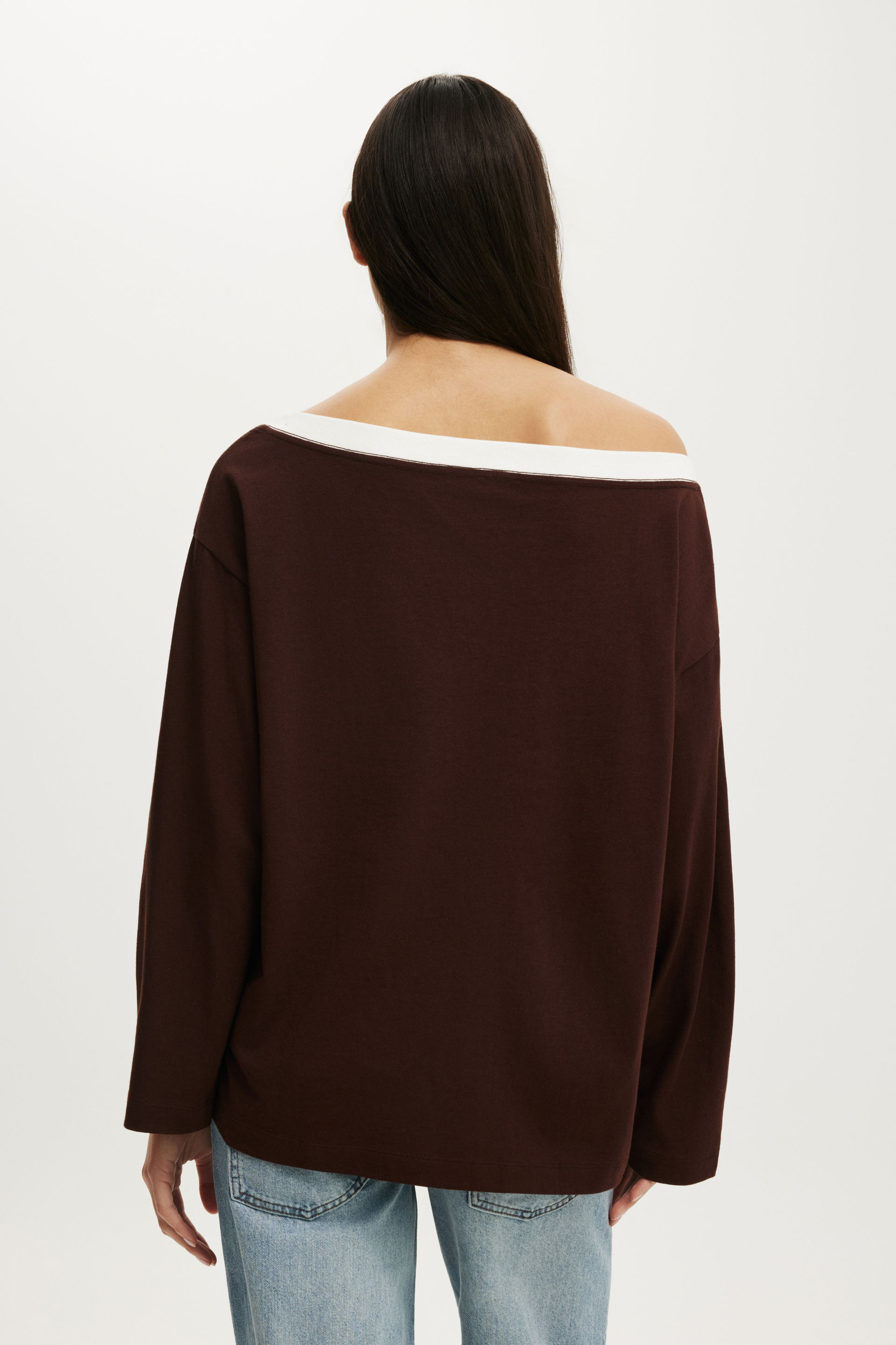 Boxy Off Shoulder Long Sleeve, DARK OAK/VINTAGE WHITE BAND - example image 3