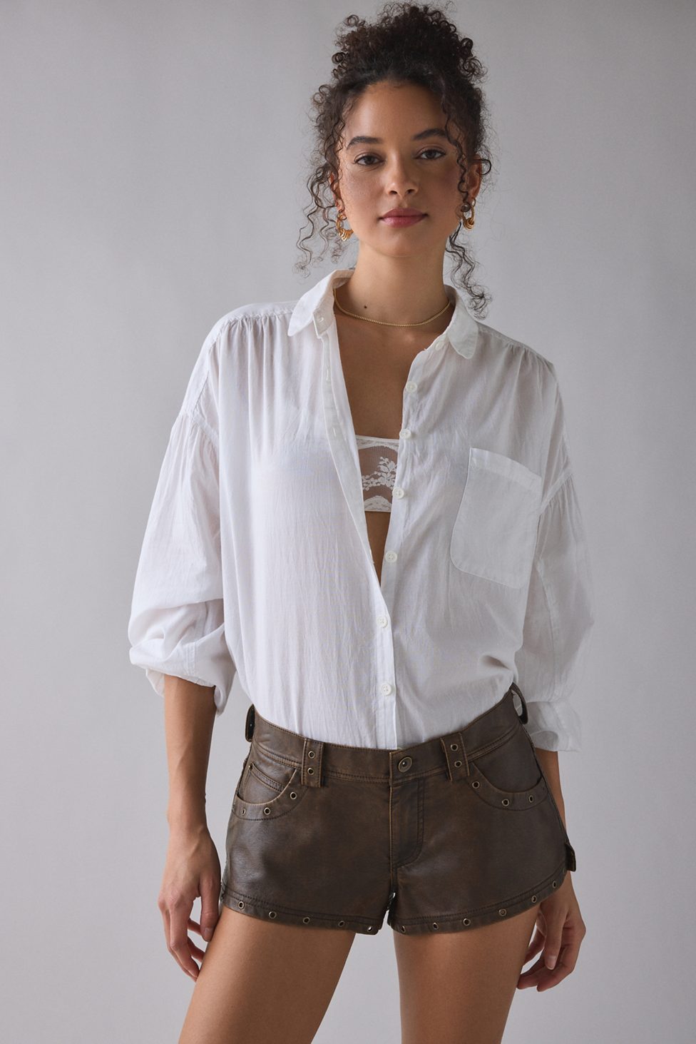 UO Festival Studded Faux Leather Micro Shorts - Brown