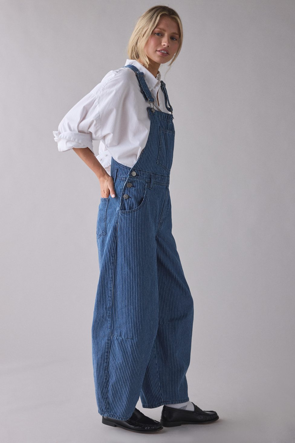 BDG Rih Pinstripe Extreme Barrel-Leg Overalls - Tinted Denim