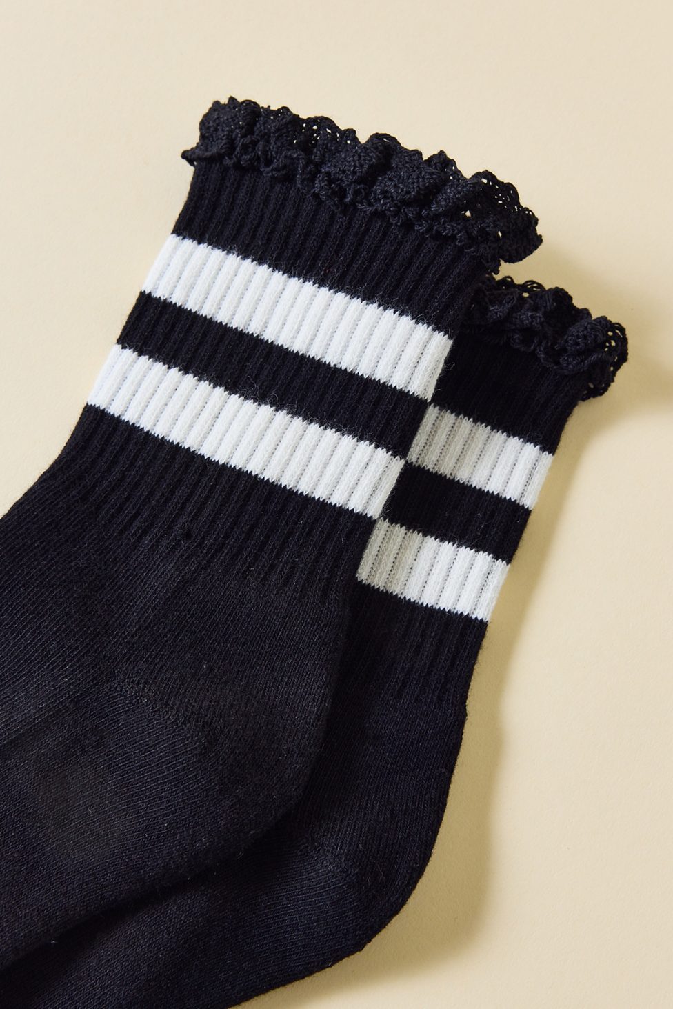 Lace-Trim Striped Athletic Socks - Black + White Stripes