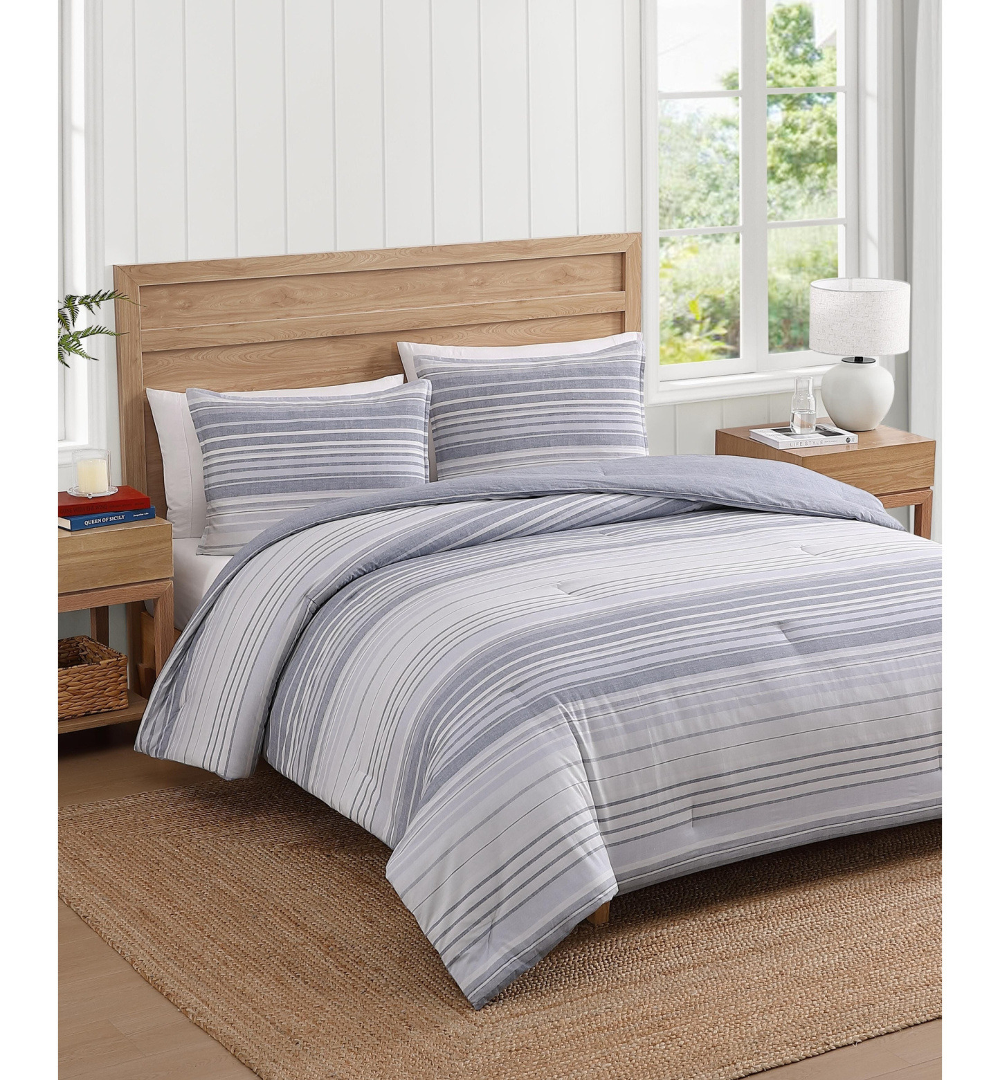 Tommy Hilfiger Bold Stripe Textured Cotton Duvet Cover Set - White, Soft Gray