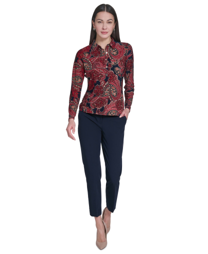 Tommy Hilfiger Women's Long-Sleeve Paisley Print Collared Top - Midnight Multi