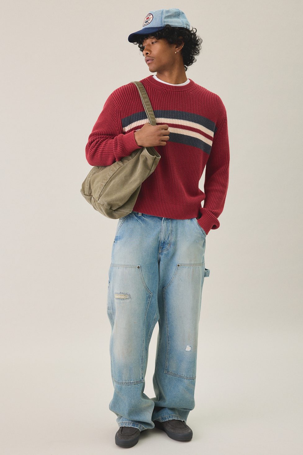 UO Striped Acid Wash Crew Neck Sweater - Red
