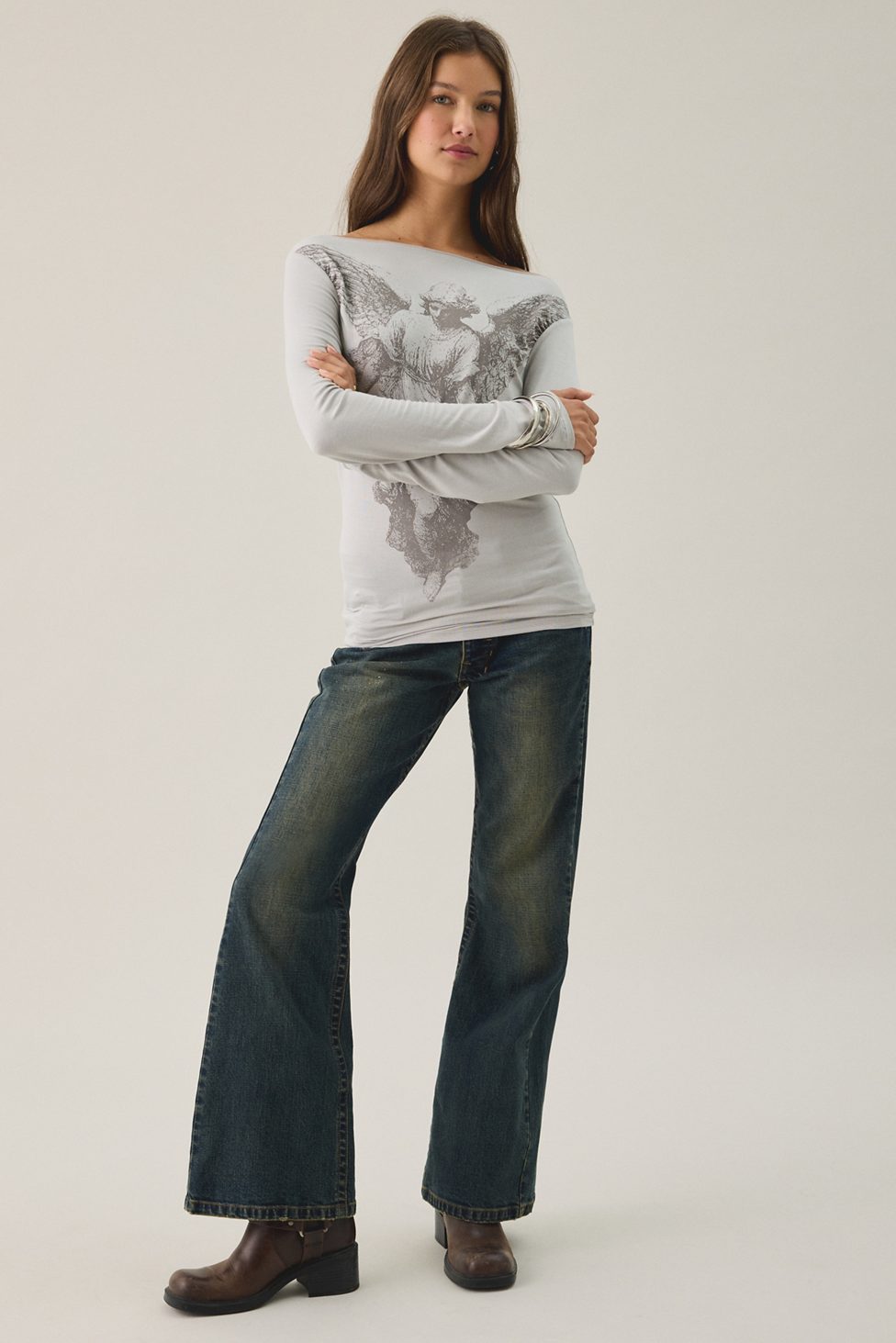 Gothic Angel Graphic Slash Neck Long Sleeve Tee - Silver
