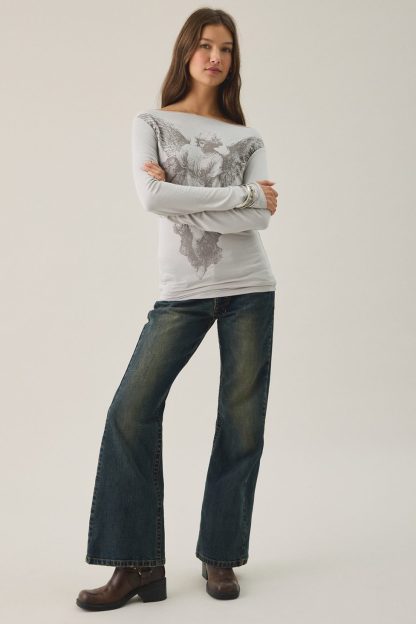 Gothic Angel Graphic Slash Neck Long Sleeve Tee - Silver