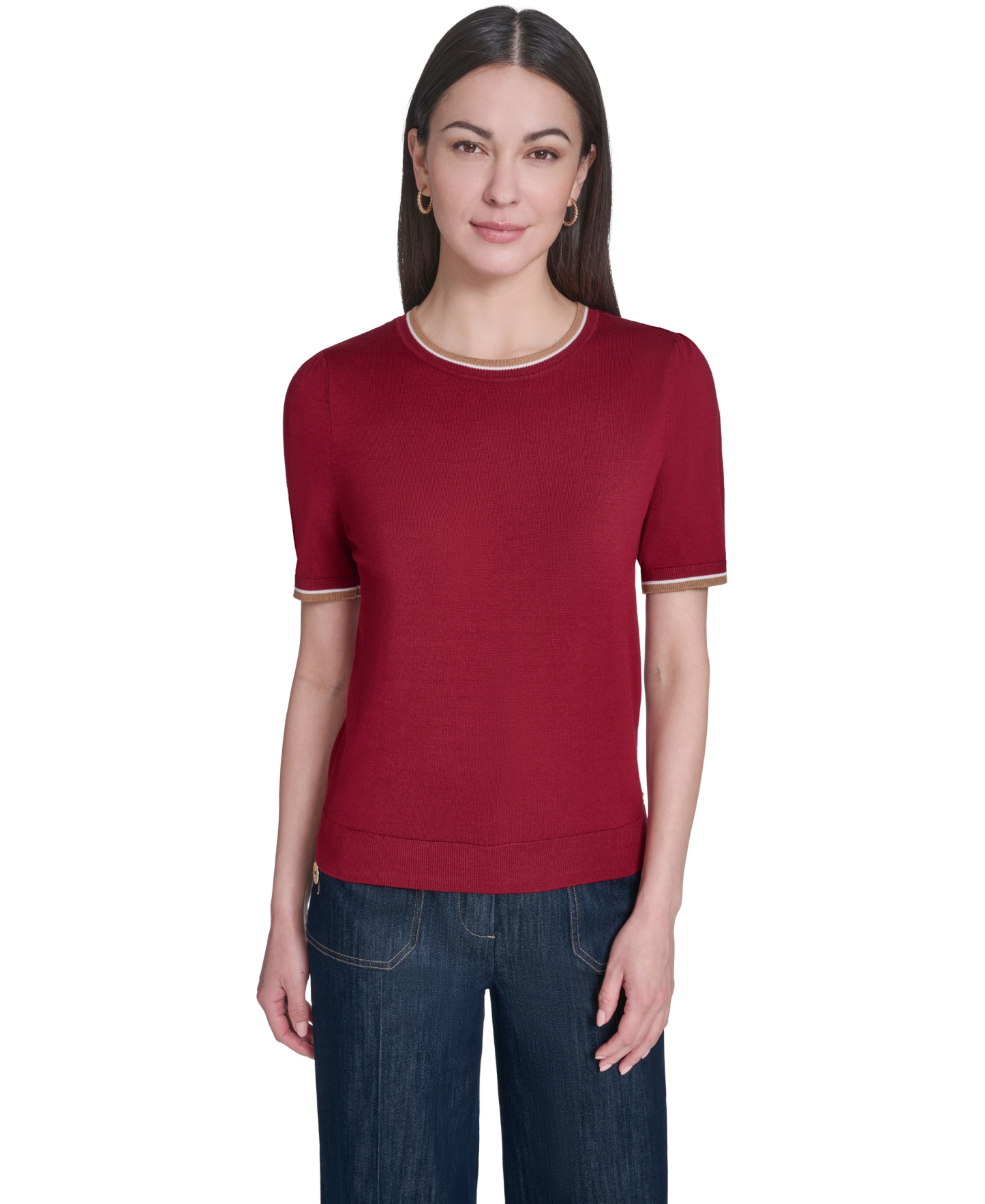 Tommy Hilfiger Women's Short-Sleeve Crewneck Sweater - Crimson Multi
