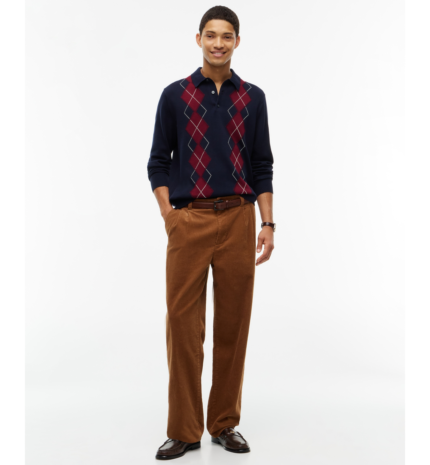 Tommy Hilfiger Men's Placed Argyle Long-Sleeve Sweater Polo - Navy Blue