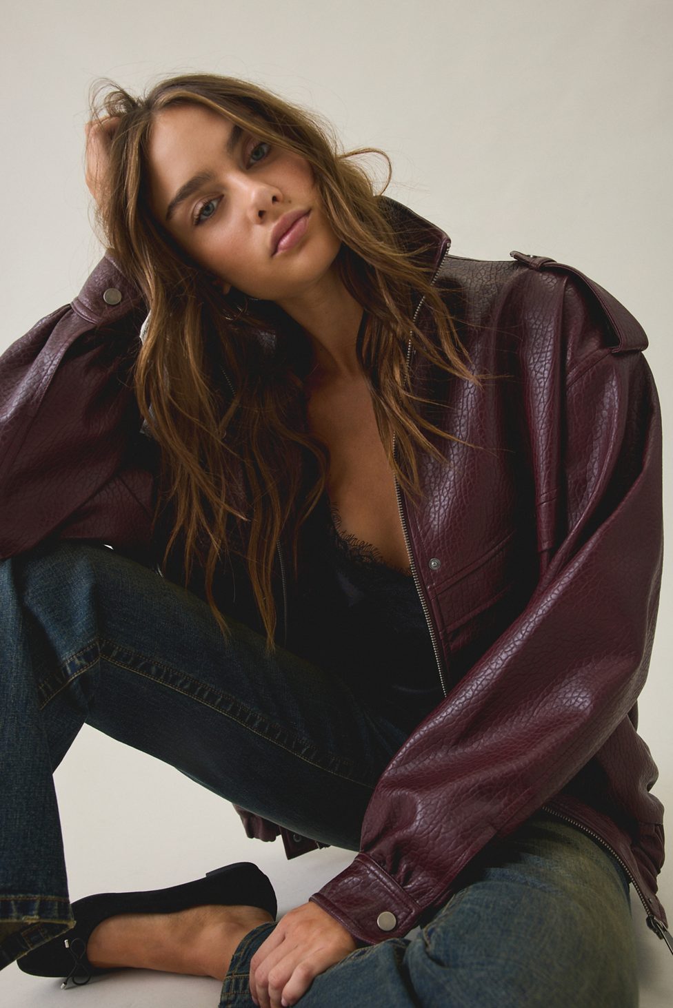 Azalea Wang UO Exclusive Narelle Oversized Faux Leather Bomber Jacket - Maroon Faux Leather