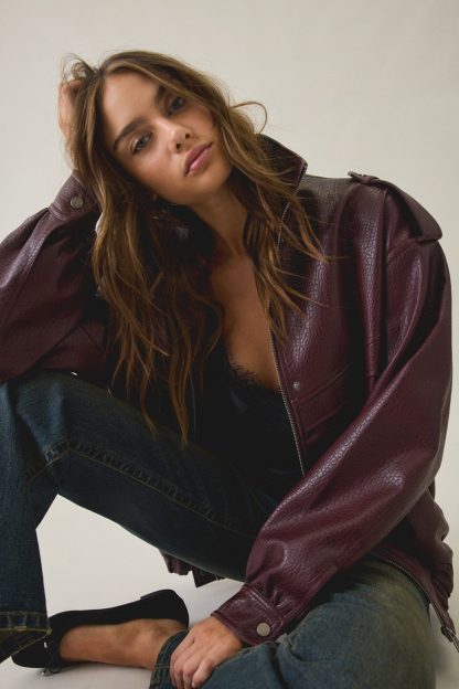 Azalea Wang UO Exclusive Narelle Oversized Faux Leather Bomber Jacket - Maroon Faux Leather