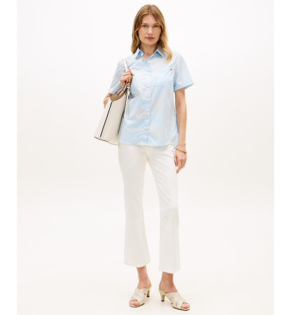 Tommy Hilfiger Women's Classic Poplin Short-Sleeve Shirt - Banker Stripe Vessel Blue / White