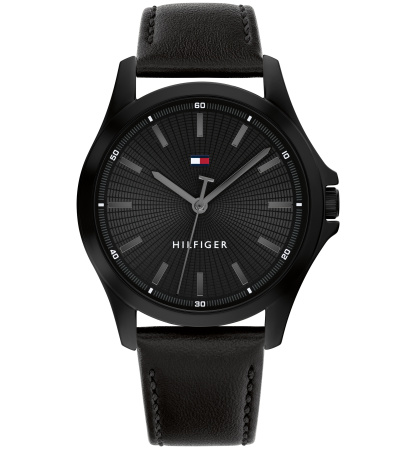 Tommy Hilfiger Men's Quartz Black Leather Strap Watch, 43mm - Black