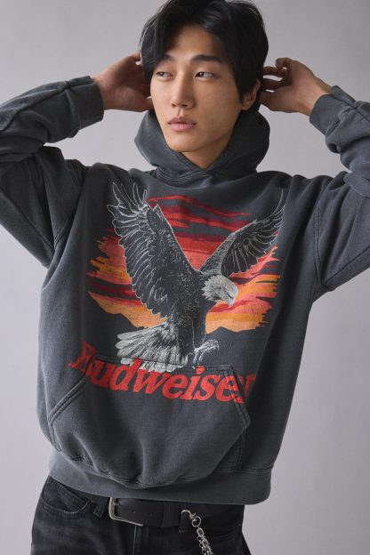 Budweiser Eagle Graphic Hoodie Sweatshirt - Washed Black