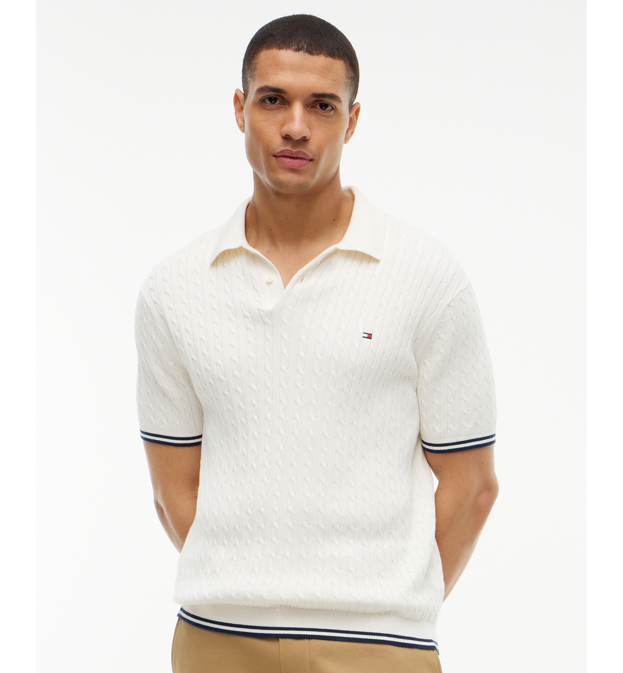 Tommy Hilfiger Men's Cable Knitted Short-Sleeve Sweater Polo Shirt - Ivory Petal