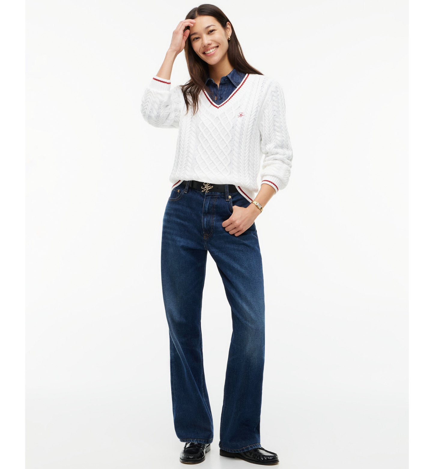 Tommy Hilfiger Women's Cable-Knit V-Neck Sweater - Ecru