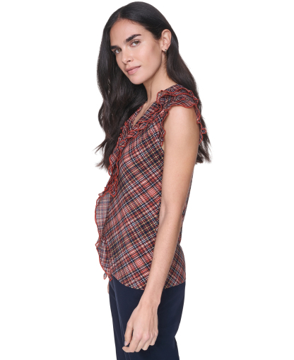 Tommy Hilfiger Women's V-Neck Plaid Ruffle Sleeveless Blouse - Paprika Multi